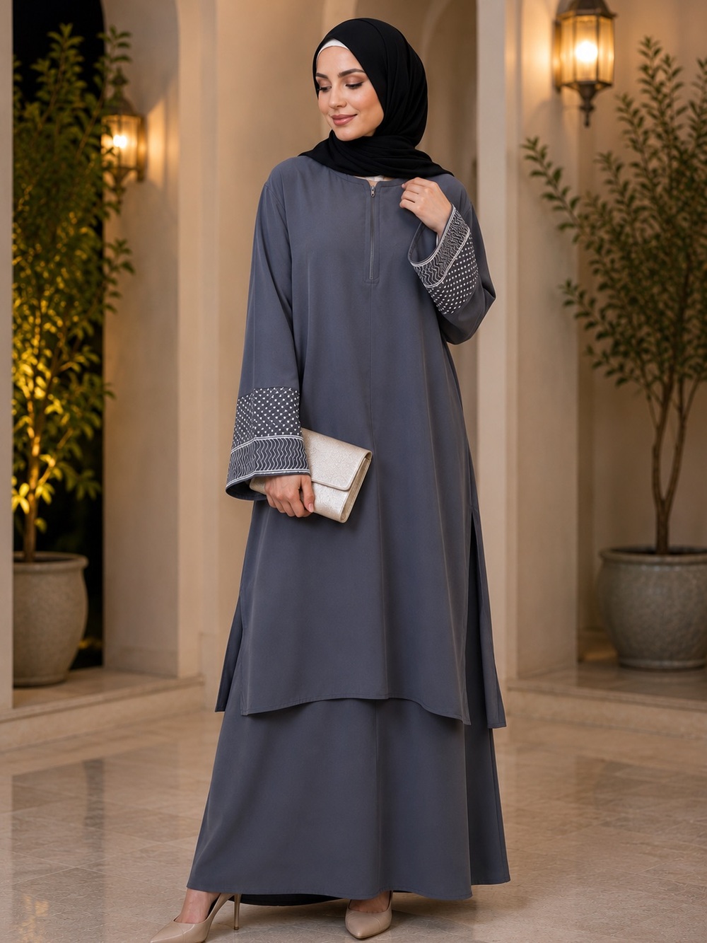 Elegant Grey Modest Maxi Dress with Embellished Cuffs